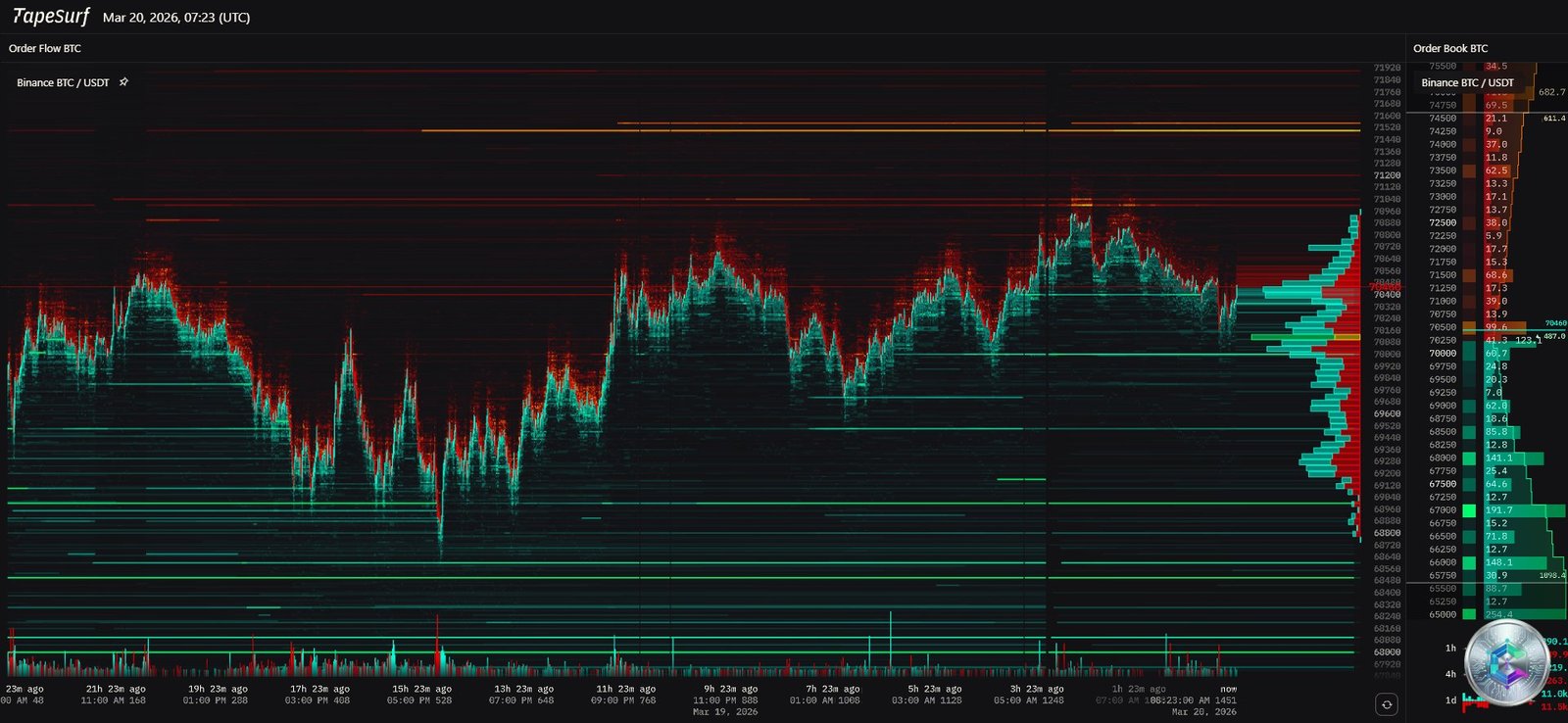 Heatmap Order Flow BTC - TapeSurf Binance Mars 2026