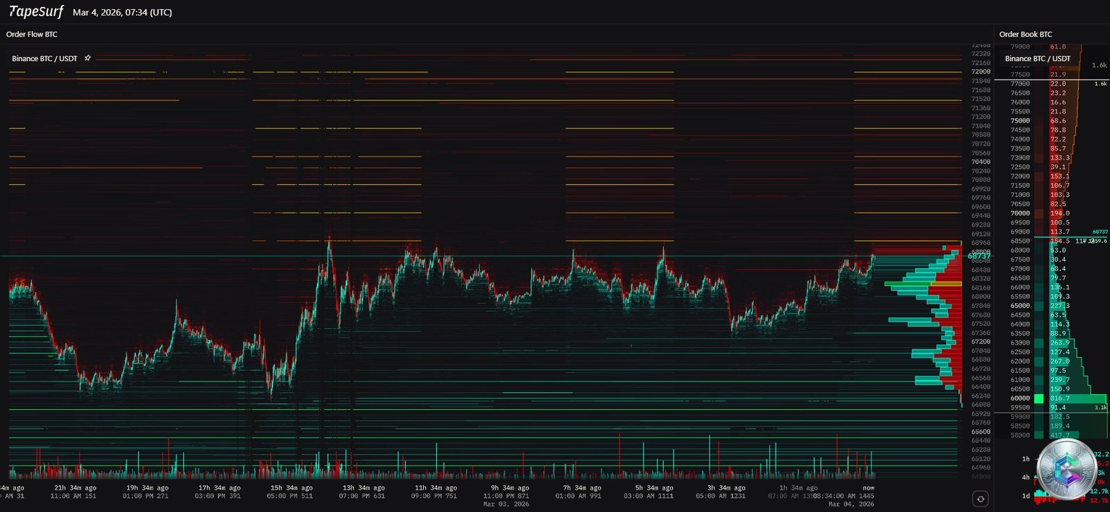 Bitcoin liquidity heatmap TapeSurf - Buy and sell walls March 2026