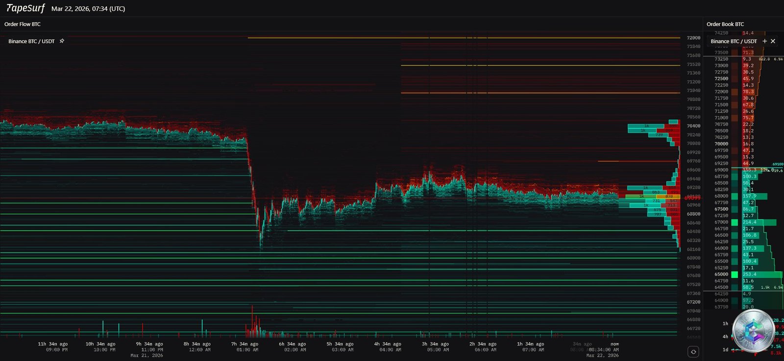 Bitcoin - Liquidation Heatmap - TapeSurf - March 22, 2026