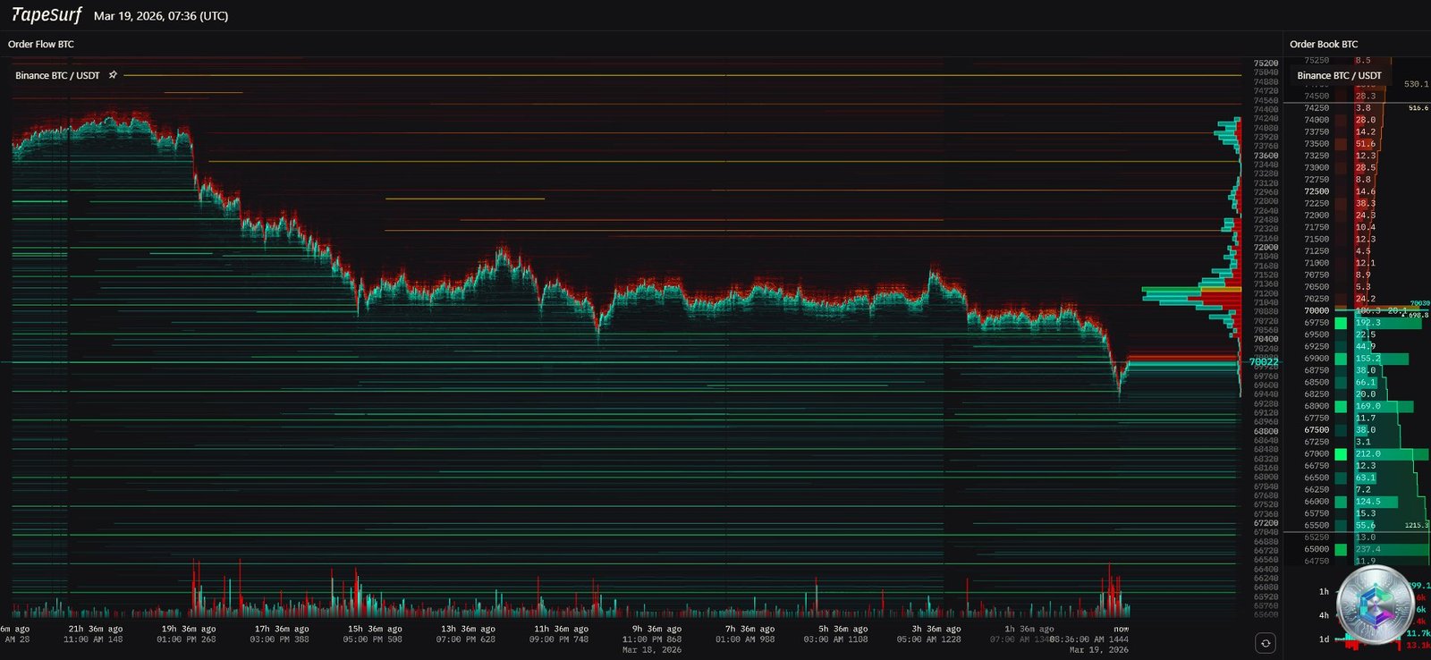 Bitcoin liquidity heatmap - TapeSurf Order Flow