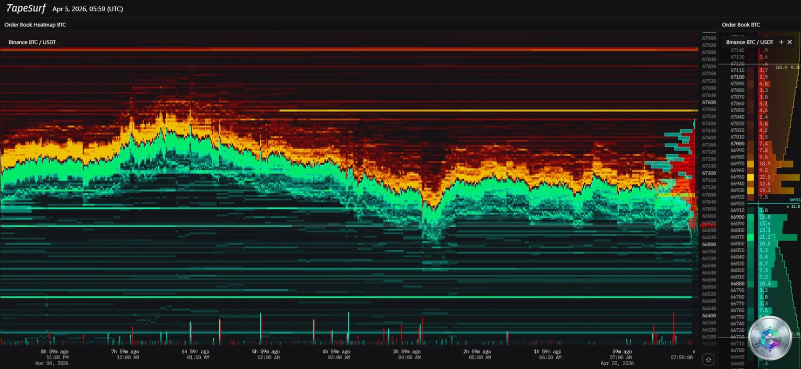 Heatmap des liquidations Bitcoin - Carnet d'ordres TapeSurf