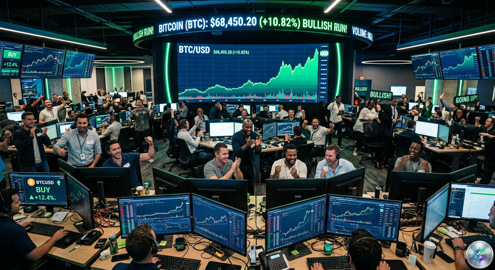 A giant bitcoin rises above a city skyline, with bullish charts in the background, American and Iranian flags united in a symbol of peace