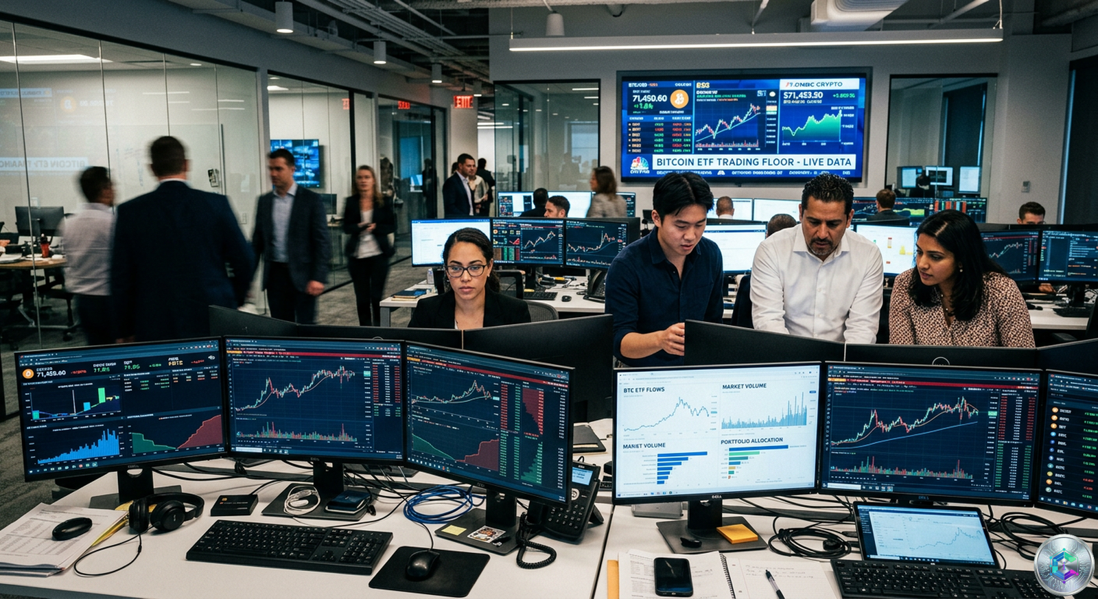 Traders analyzing Bitcoin ETF institutional flows on financial screens