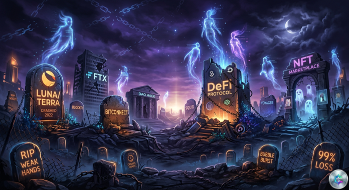 Over 20 crypto projects shut down in Q1 2026, blockchain graveyard illustration