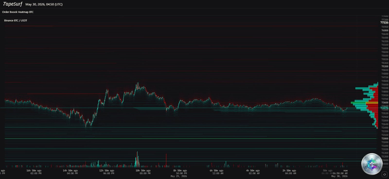 Heatmap TapeSurf BTC/USDT Carnet d'ordres 30 mai 2026