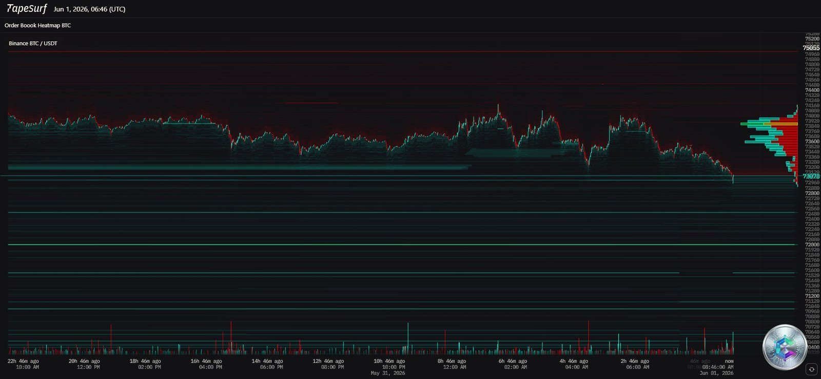 TapeSurf Heatmap BTC/USDT - Order Book June 1, 2026