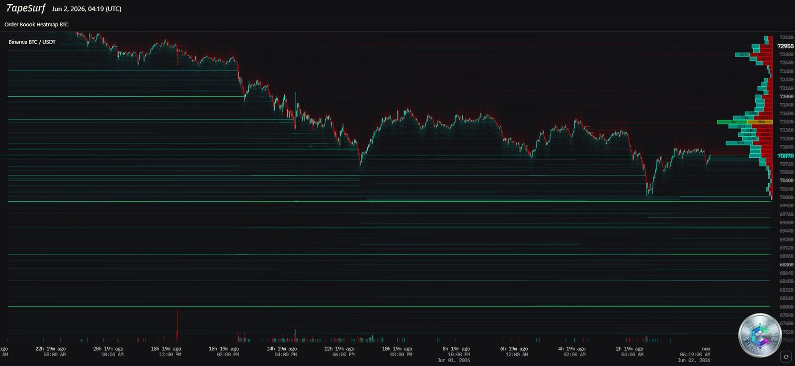 TapeSurf Heatmap BTC/USDT - Order Book Liquidity Profile