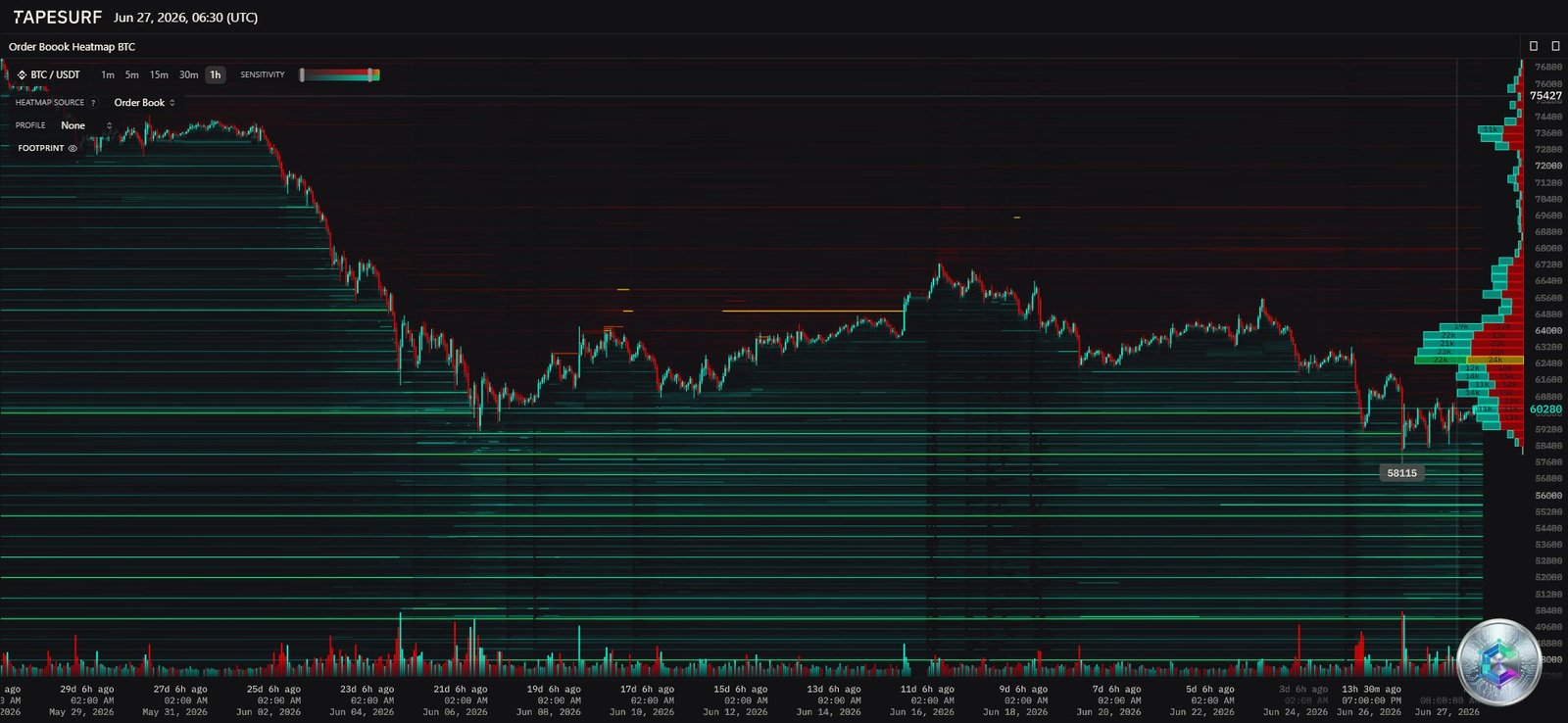 Heatmap de liquidité Bitcoin - Carnet d'ordres BTC Juin 2026