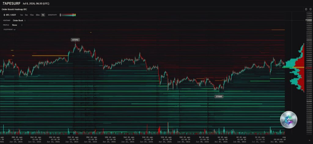 BTC/USDT order book heatmap (Tapesurf)