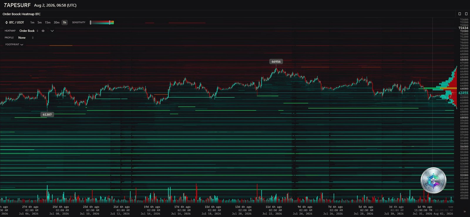 BTC order book liquidity heatmap
