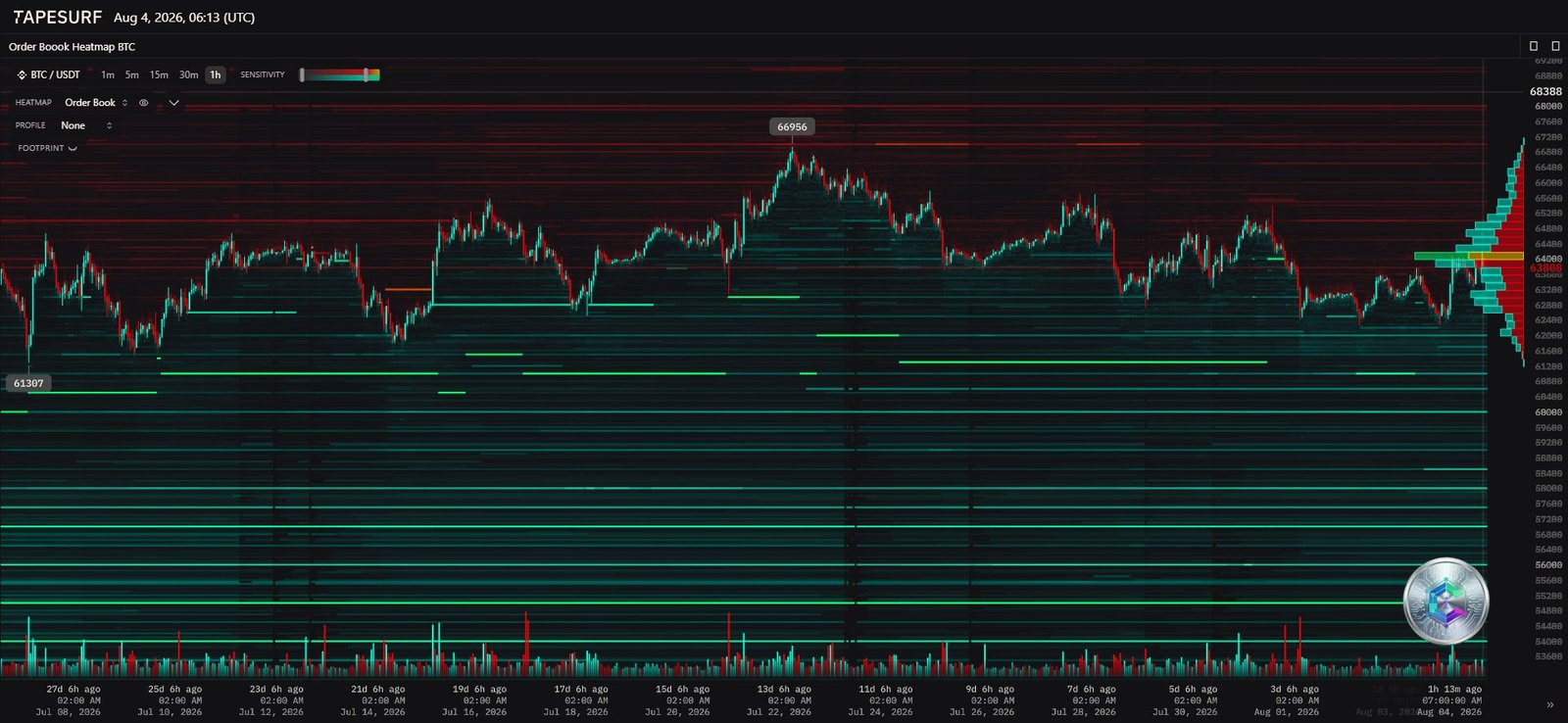 BTC order book liquidity heatmap