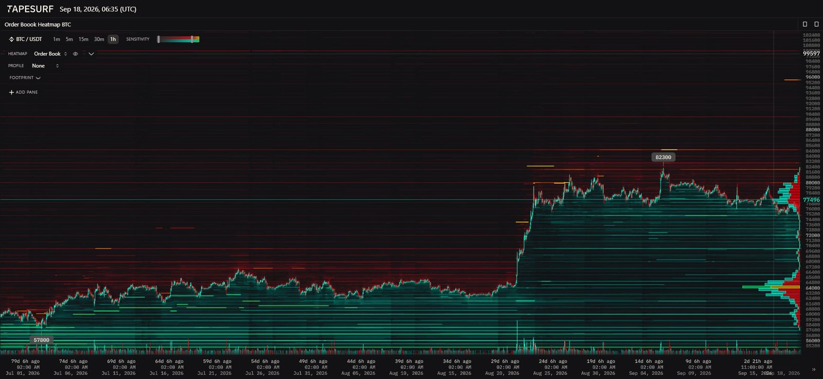 Heatmap du carnet d'ordres Bitcoin Tapesurf