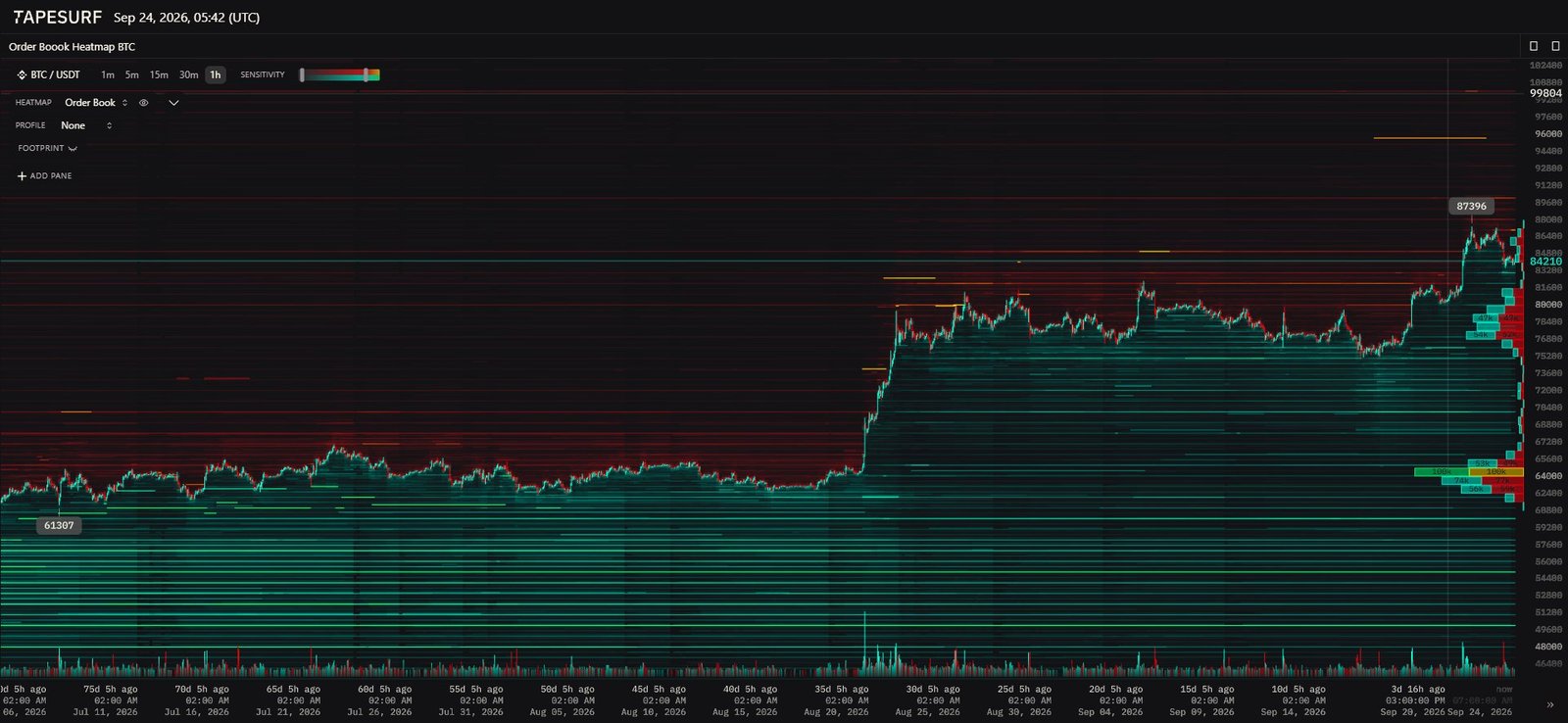 Heatmap du carnet d'ordres BTC/USDT avec murs d'ordres d'achat et de vente